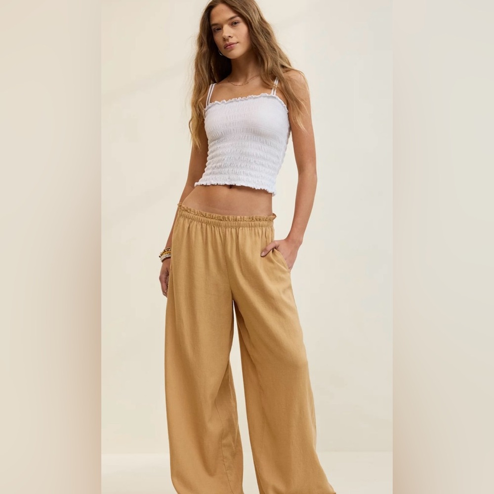 Aerie Women's Linen Blend Tan Wide Leg Trousers Pants Lightweight Comfy Sz XXL